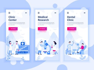 Tıp, araştırma, Diş Kliniği, mobil app şablonlar kavramı için onboarding ekranlar Kullanıcı arabirimi seti dizi. Modern Ux, UI ekran telefon veya duyarlı web sitesi için. Vektör çizim.