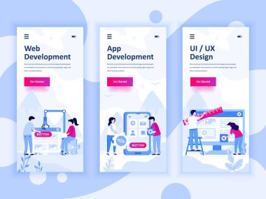 Onboarding kümesi Web ve uygulama geliştirme, UI tasarım, mobil app şablonlar kavramı için kullanıcı arabirimi seti ekranlar. Modern Ux, UI ekran telefon veya duyarlı web sitesi için. Vektör çizim.