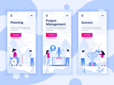 Onboarding ekranlar Kullanıcı arabirimi kiti kümesi planlama, başlangıç, başarı, mobil app şablonlar kavramı için. Modern Ux, UI ekran telefon veya duyarlı web sitesi için. Vektör çizim.