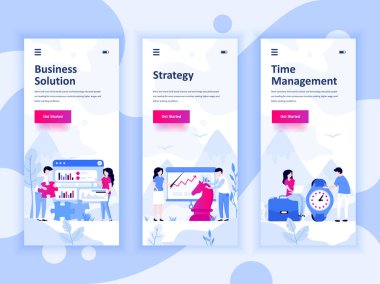 Çözüm, strateji, zaman yönetimi, mobil app şablonlar kavramı için onboarding ekranlar Kullanıcı arabirimi seti dizi. Modern Ux, UI ekran telefon veya duyarlı web sitesi için. Vektör çizim.