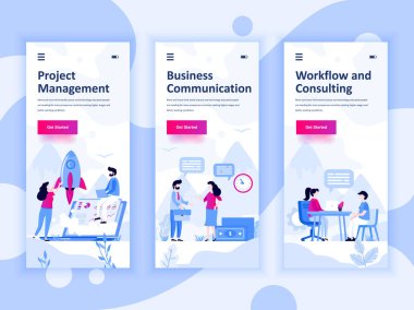 Onboarding ekranlar Kullanıcı arabirimi seti grubu yönetimi, iletişim, iş akışı, mobil app şablonlar kavramı için. Modern Ux, UI ekran telefon veya duyarlı web sitesi için. Vektör çizim.