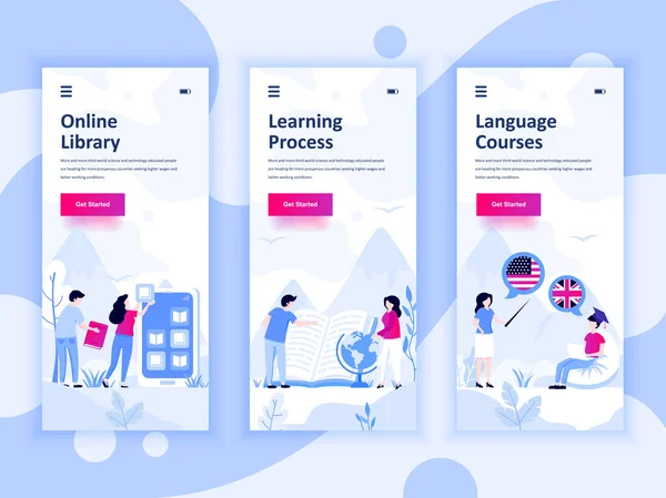 Set di schermi di onboarding kit di interfaccia utente per Library, Learning, Corsi di lingua, concetto di modelli di app mobile. UX moderno, schermo dell'interfaccia utente per il sito web mobile o reattivo. Illustrazione vettoriale . — Vettoriale Stock