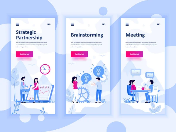 Ortaklık, beyin fırtınası, Toplantı, telefon app şablonlar kavramı için onboarding ekranlar Kullanıcı arabirimi seti dizi. Modern Ux, UI ekran telefon veya duyarlı web sitesi için. Vektör çizim.