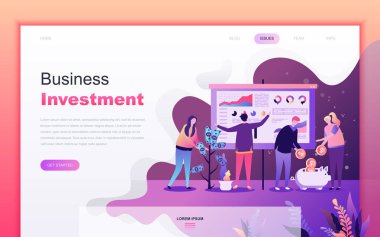 Web sitesi ve mobil uygulama geliştirme için İş Yatırım Modern düz karikatür tasarım konsepti. Açılış sayfası şablonu. Web sayfası veya ana sayfa için dekore edilmiş kişi karakteri. Vektör çizimi.
