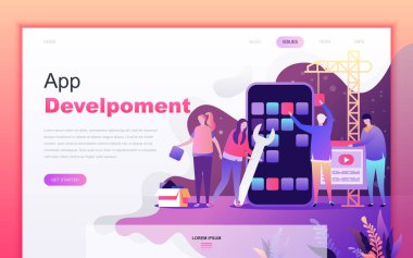Web sitesi ve mobil uygulama geliştirme için App Development Modern düz karikatür tasarım konsepti. Açılış sayfası şablonu. Web sayfası veya ana sayfa için dekore edilmiş kişi karakteri. Vektör çizimi.