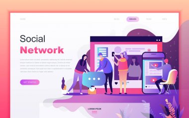 Web sitesi ve mobil uygulama geliştirme için Sosyal Ağ Modern düz karikatür tasarım konsepti. Açılış sayfası şablonu. Web sayfası veya ana sayfa için dekore edilmiş kişi karakteri. Vektör çizimi.