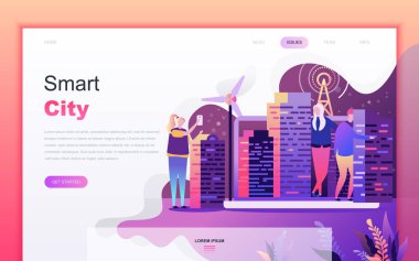 Web sitesi ve mobil uygulama geliştirme için Smart City Modern düz karikatür tasarım konsepti. Açılış sayfası şablonu. Web sayfası veya ana sayfa için dekore edilmiş kişi karakteri. Vektör çizimi.