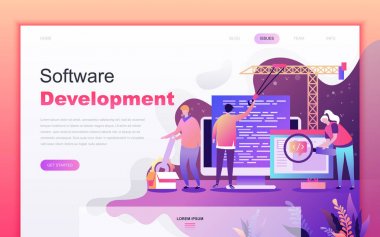 Web sitesi ve mobil uygulama geliştirme için Yazılım Geliştirme Modern düz karikatür tasarım kavramı. Açılış sayfası şablonu. Web sayfası veya ana sayfa için dekore edilmiş kişi karakteri. Vektör çizimi.