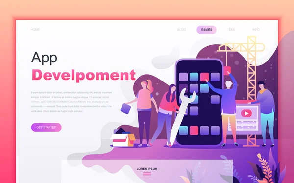 ウェブサイトやモバイルアプリ開発のためのアプリ開発の近代的なフラット漫画のデザインコンセプト。ランディング ページ テンプレート。ウェブページやホームページの装飾された人々の文字。ベクトルイラスト. — ストックベクタ