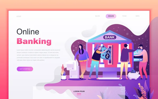 Modern plat cartoon design concept van online bankieren voor de ontwikkeling van websites en mobiele apps. Sjabloon voor bestemmingspagina. Versierd mensen karakter voor webpagina of homepage. Vector illustratie. — Stockvector