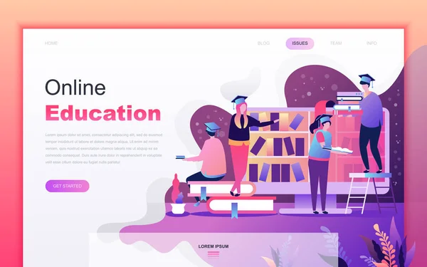 Moderno conceito de design de desenhos animados plana de Educação Online para o site e desenvolvimento de aplicativos móveis. Modelo de landing page. Personagem de pessoas decoradas para página web ou página inicial. Ilustração vetorial . —  Vetores de Stock