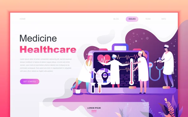 Moderno concepto de diseño de dibujos animados planos de Medicina y Salud para el desarrollo de sitios web y aplicaciones móviles. Plantilla de landing page. Personaje de personas decoradas para la página web o página de inicio. Ilustración vectorial . — Archivo Imágenes Vectoriales