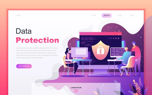 Moderno concepto de diseño de dibujos animados planos de protección de datos para el desarrollo de sitios web y aplicaciones móviles. Plantilla de landing page. Personaje de personas decoradas para la página web o página de inicio. Ilustración vectorial . — Vector de stock