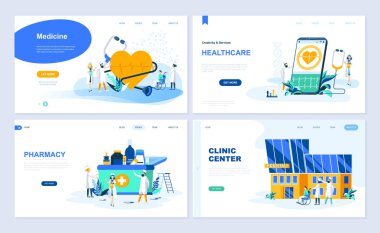 Sayfa şablonu açılış tıp, sağlık, eczane, klinik Merkezi için küme. Modern vektör çizim düz kavramları insanların karakter Web sitesi ve mobil web sitesi geliştirme için dekore edilmiştir..