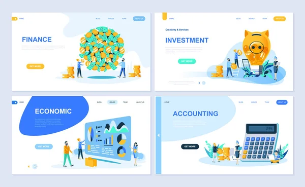 Conjunto de modelo de landing page para Finanças, Investimento, Contabilidade, Crescimento Econômico. Ilustração vetorial moderna conceitos planos pessoas decoradas personagem para site e desenvolvimento de site móvel . — Vetor de Stock