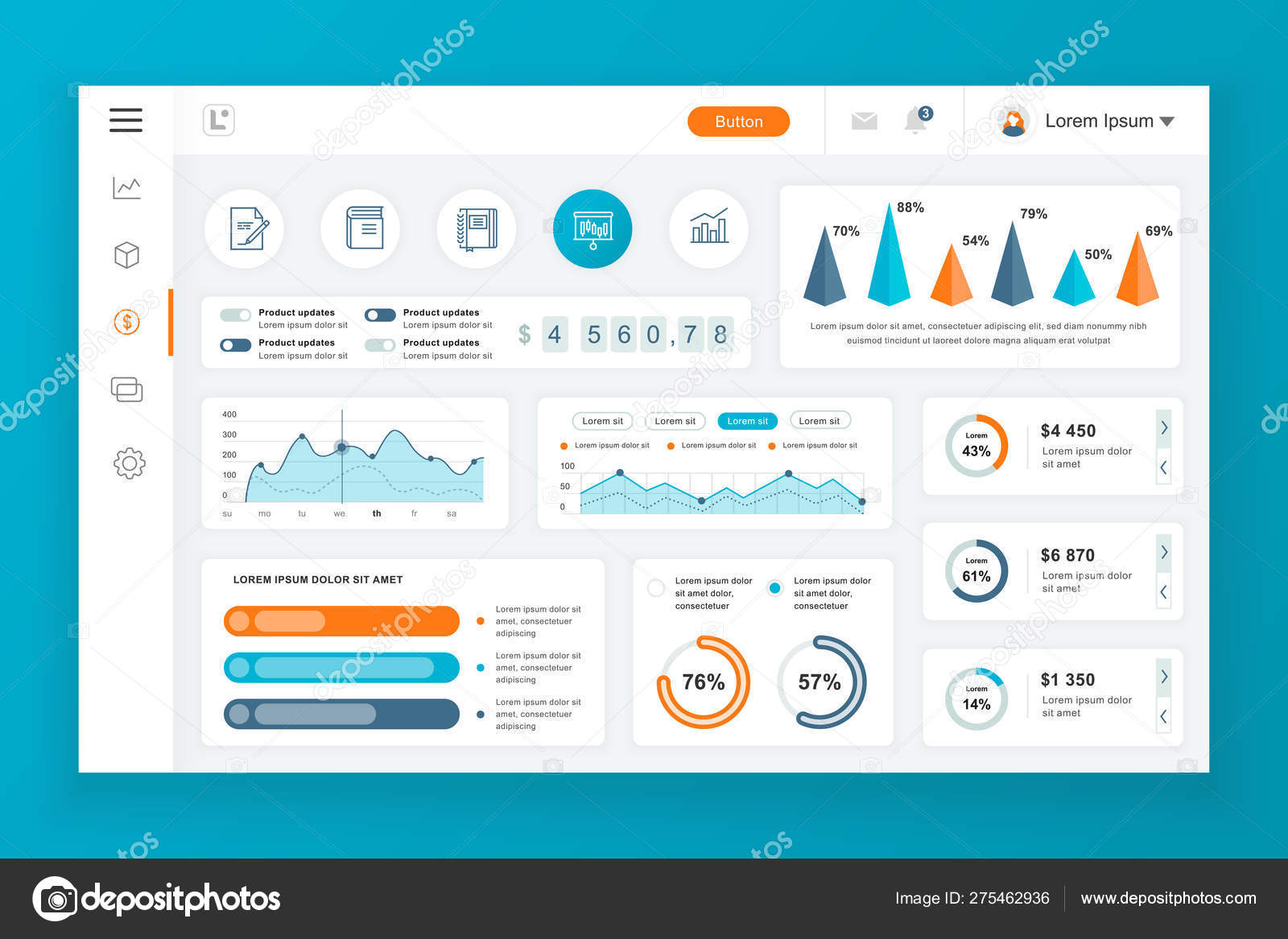 インフォグラフィック要素、チャート、ダイアグラム、情報グラフィックスを含むダッシュ ボード管理パネルベクトルデザインテンプレート。UIとuxデザインのWebページのためのウェブサイトのダッシュボード。ベクトルイラスト.  ストックベクター ©alexdndz 275462936