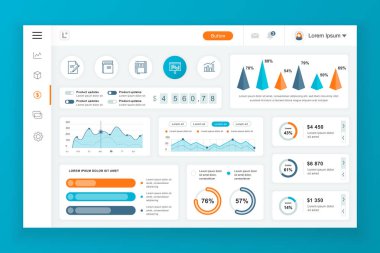 Bilgi grafiği öğeleri, grafik, diyagram, bilgi grafikleri ile pano yönetici paneli vektör tasarım şablonu. UI ve ux tasarım web sayfası için web sitesi panosu. Vektör çizimi.