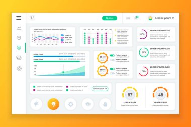 Bilgi grafiği öğeleri, grafik, diyagram, bilgi grafikleri ile pano yönetici paneli vektör tasarım şablonu. UI ve ux tasarım web sayfası için web sitesi panosu. Vektör çizimi.