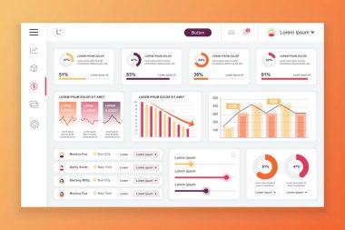 Bilgi grafiği öğeleri, grafik, diyagram, bilgi grafikleri ile pano yönetici paneli vektör tasarım şablonu. UI ve ux tasarım web sayfası için web sitesi panosu. Vektör çizimi.