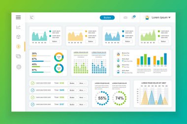 Bilgi grafiği öğeleri, grafik, diyagram, bilgi grafikleri ile pano yönetici paneli vektör tasarım şablonu. UI ve ux tasarım web sayfası için web sitesi panosu. Vektör çizimi.