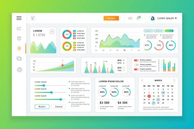 Bilgi grafiği öğeleri, grafik, diyagram, bilgi grafikleri ile pano yönetici paneli vektör tasarım şablonu. UI ve ux tasarım web sayfası için web sitesi panosu. Vektör çizimi.