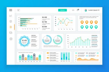 Bilgi grafiği öğeleri, grafik, diyagram, bilgi grafikleri ile pano yönetici paneli vektör tasarım şablonu. UI ve ux tasarım web sayfası için web sitesi panosu. Vektör çizimi.