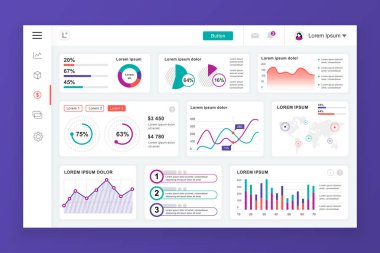 Bilgi grafiği öğeleri, grafik, diyagram, bilgi grafikleri ile pano yönetici paneli vektör tasarım şablonu. UI ve ux tasarım web sayfası için web sitesi panosu. Vektör çizimi.