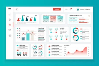 Bilgi grafiği öğeleri, grafik, diyagram, bilgi grafikleri ile pano yönetici paneli vektör tasarım şablonu. UI ve ux tasarım web sayfası için web sitesi panosu. Vektör çizimi.