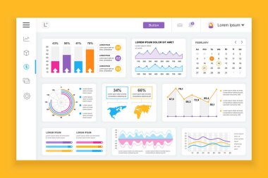 Bilgi grafiği öğeleri, grafik, diyagram, bilgi grafikleri ile pano yönetici paneli vektör tasarım şablonu. UI ve ux tasarım web sayfası için web sitesi panosu. Vektör çizimi.