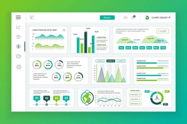 Bilgi grafiği öğeleri, grafik, diyagram, bilgi grafikleri ile pano yönetici paneli vektör tasarım şablonu. UI ve ux tasarım web sayfası için web sitesi panosu. Vektör çizimi.