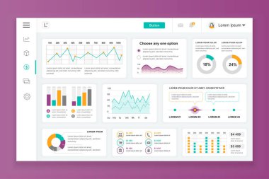 Bilgi grafiği öğeleri, grafik, diyagram, bilgi grafikleri ile pano yönetici paneli vektör tasarım şablonu. UI ve ux tasarım web sayfası için web sitesi panosu. Vektör çizimi.