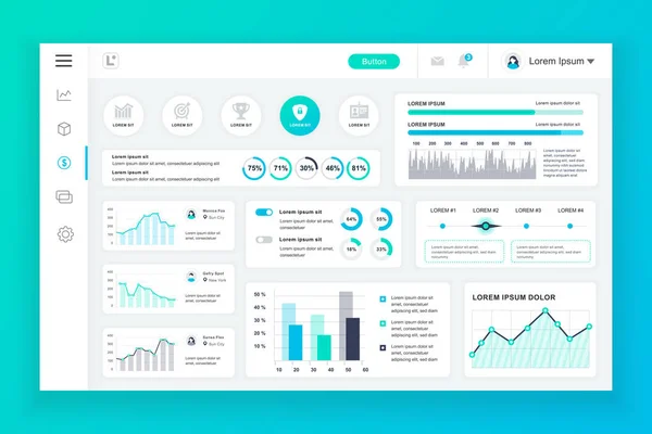 Plantilla de diseño vectorial del panel de administración del tablero con elementos infográficos, gráfico, diagrama, gráficos de información. Panel de control del sitio web para la página web de diseño de ui y ux. Ilustración vectorial . — Vector de stock