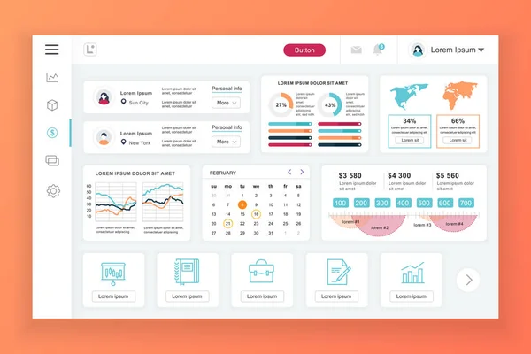 Plantilla de diseño vectorial del panel de administración del tablero con elementos infográficos, gráfico, diagrama, gráficos de información. Panel de control del sitio web para la página web de diseño de ui y ux. Ilustración vectorial . — Archivo Imágenes Vectoriales