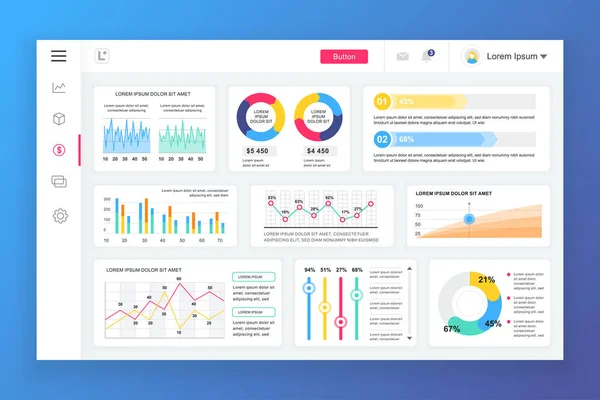 Painel de controle modelo de design de vetor de painel de administração com elementos infográficos, gráfico, diagrama, gráficos info. Painel do site para ui e página web design ux. Ilustração vetorial . — Vetor de Stock