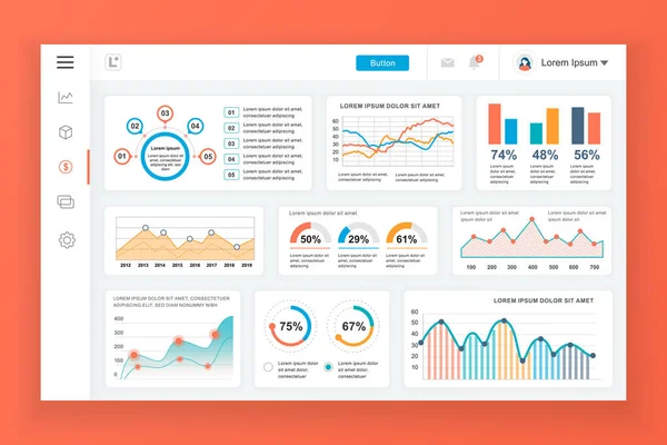 Modèle de conception vectorielle de panneau d'administration de tableau de bord avec des éléments infographiques, graphique, diagramme, infographies. Tableau de bord du site Web pour ui et ux design page web. Illustration vectorielle . — Image vectorielle