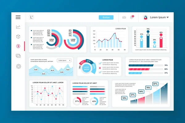 Dashboard admin panel vector design template with infographic elements, chart, diagram, info graphics. Website dashboard for ui and ux design web page. Vector illustration. — Stock Vector