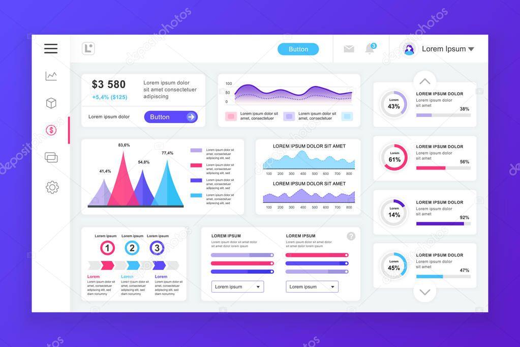 Dashboard admin panel vector design template with infographic elements, chart, diagram, info graphics. Website dashboard for ui and ux design web page. Vector illustration.