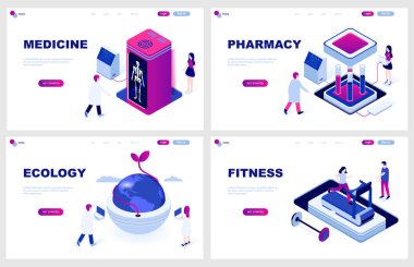 Tıp, Eczacılık, Ekoloji, Fitness için izometrik açılış sayfası şablonu kümesi. Modern vektör illüstrasyon izometrik kavramlar web sitesi geliştirme için insan karakteri dekore.