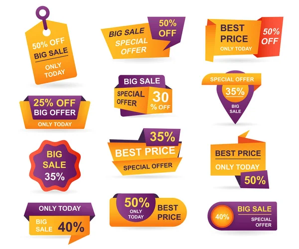 Set of retail sale tags. Stickers best offer price and big sale pricing tag badge design. Limited sales offer label or store discount banner card isolated. Shopping coupon. Vector illustration. — Stock Vector