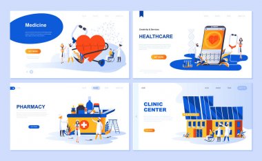 Sayfa şablonu açılış tıp, sağlık, eczane, klinik Merkezi için küme. Modern vektör çizim düz kavramları insanların karakter Web sitesi ve mobil web sitesi geliştirme için dekore edilmiştir..