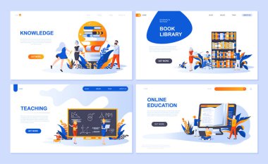 Sayfa şablonu açılış eğitim, bilgi, kitap kütüphane, öğretim için küme. Modern vektör çizim düz kavramları insanların karakter Web sitesi ve mobil web sitesi geliştirme için dekore edilmiştir..