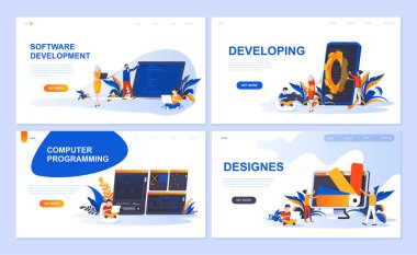 Sayfa şablonu açılış yazılım, gelişmekte olan, tasarımcı, programlama için küme. Modern vektör çizim düz kavramları insanların karakter Web sitesi ve mobil web sitesi geliştirme için dekore edilmiştir..
