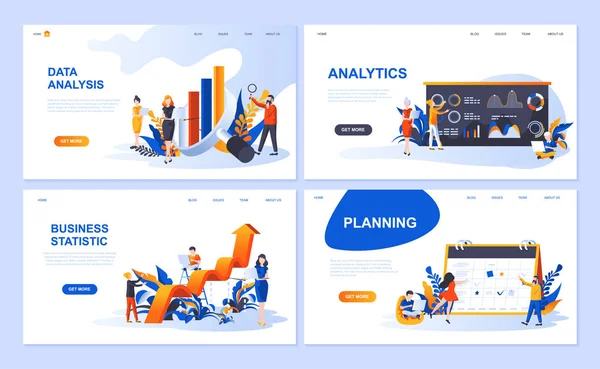 Conjunto de plantillas de landing page para Análisis de Datos, Analítica, Estadística de Negocios, Planificación. Ilustración vectorial moderna conceptos planos personas decoradas carácter para el desarrollo de sitios web y móviles . — Vector de stock