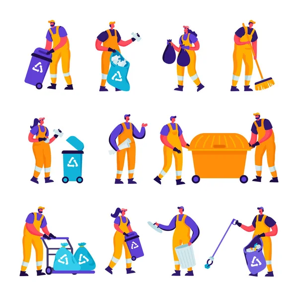 Set de Reciclaje de Basura Plana y Personajes de Trabajadores de Fábrica de Metalurgia. Gente de dibujos animados Ecología Protección y contaminación Empleados de la industria, soldador, carroñeros recogen basura. Ilustración vectorial . — Vector de stock