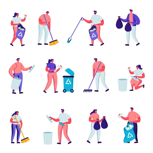 Set of Flat Volunteers Collect Litter Characters. Cartoon People Raking, Sweeping, Put Trash into Bags with Recycle Sign, Pollution with Garbage, Clean Up Wastes. Vector Illustration. — Stock Vector