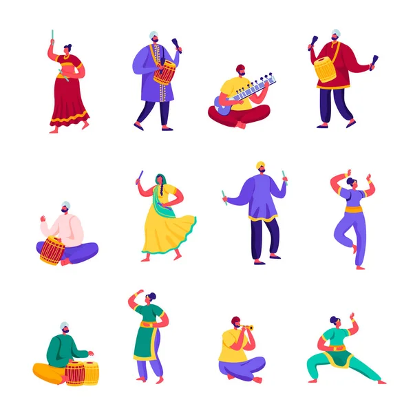 Set van platte Indiase straatartiesten karakters. Cartoon mensen muzikanten en dansers in kleurrijke jurk uitvoeren op straat spelen traditionele instrumenten. Vector illustratie. — Stockvector
