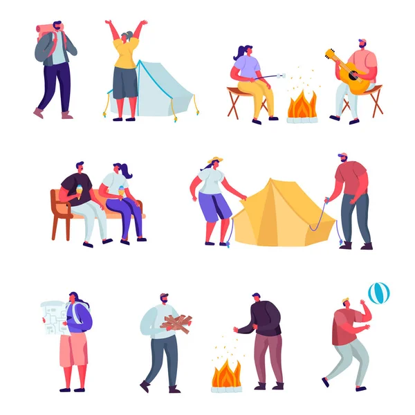 Set of Flat Active Lifestyle Outside The City in Summer Camp Characters (dalam bahasa Inggris). Cartoon People Touristic Hiking, Riding Hoverboard, Doing Yoga Outdoors, Walking with Pet. Ilustrasi Vektor . - Stok Vektor