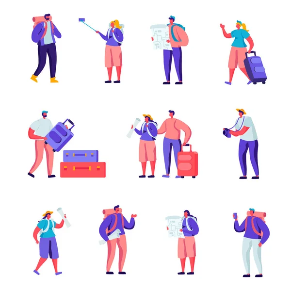 Állítsa be a lakás turisták utazás a világ minden tájáról karakterek. Cartoon People pár poggyász watching Térkép, Making Selfie, látogatás és fényképezés. Vektoros illusztráció. — Stock Vector