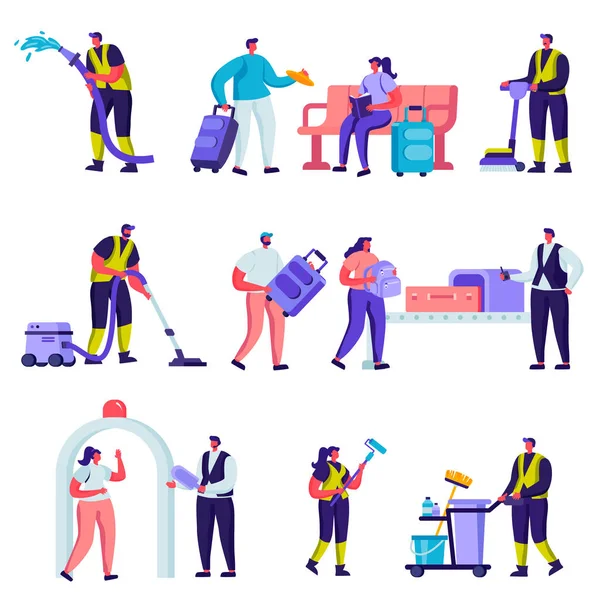 Sada plochých turistů a čistících služeb ve znacích letišť. Kreslené osoby cestovní nástroje, zavazadla, vozík a telefony, čisticí prostředky. Vektorová ilustrace. — Stockový vektor