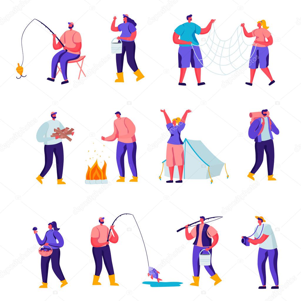 Set of Flat Outdoor Activities Characters. Cartoon People Having Active Leisure on Nature, Chopping Woods, Fishing, Collecting Mushrooms in Forest, Photographing. Vector Illustration.